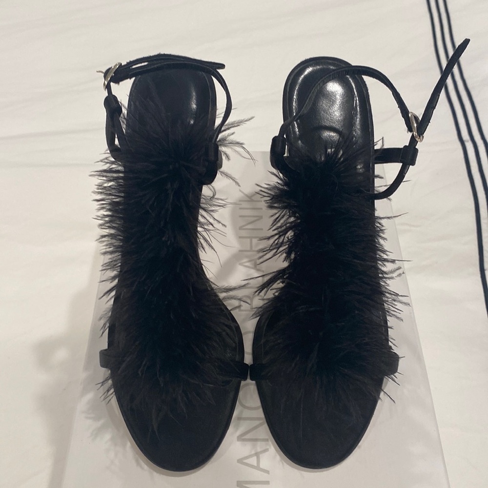 Manolo Blahnik feather T strap heels